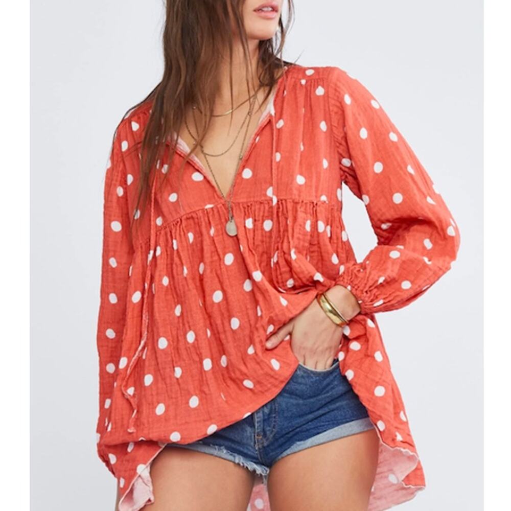 NWT Jen's Pirate Booty Capri Tunic Long Sleeve Blouse Polka Dot Persimmon Small